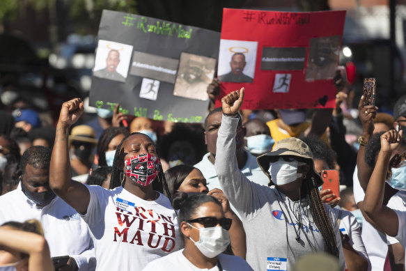 People protest the killing of black runner Ahmaud Arbery in Brunswick, Georgia, US.