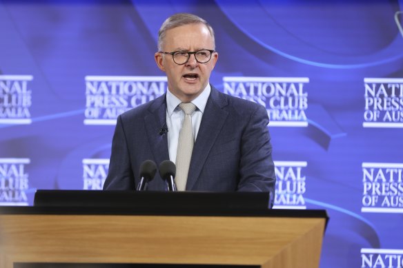 Opposition Leader Anthony Albanese during his National Press Club address.
