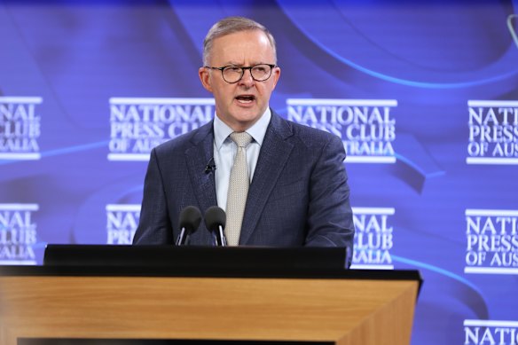 Opposition Leader Anthony Albanese during his National Press Club address.