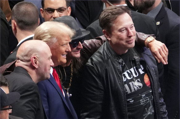 President-elect Donald Trump poses for a photo with Dana White, Kid Rock and “first buddy” Elon Musk at UFC 309 at Madison Square Garden in New York.