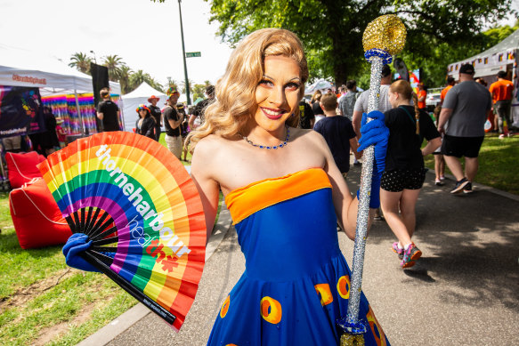 Linh Uendo celebrates at the Midsumma Carnival in Alexandra Gardens. 