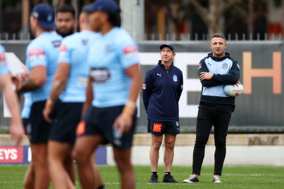 Sam Burgess (right) and Blues assistant Greg Alexander oversee NSW’s Origin preparations in Sydney on Sunday.