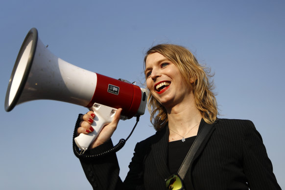 Chelsea Manning addresses an anti-fracking rally in the US in 2018.