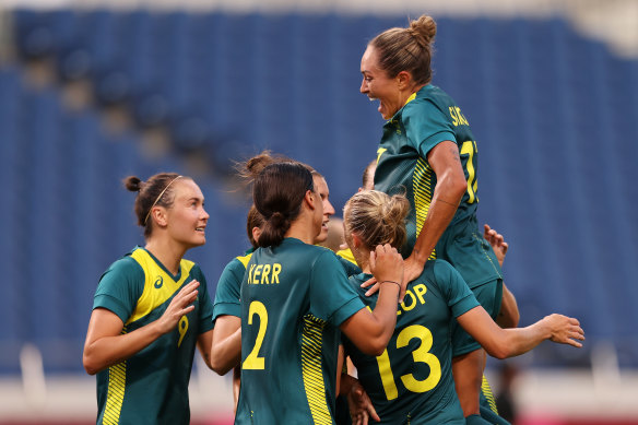 The Matildas celebrate one of Sam Kerr’s two goals against Sweden.