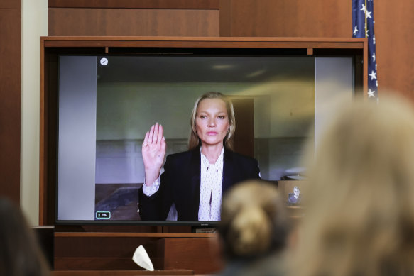 Kate Moss testifies via video link at the Fairfax County Circuit Courthouse on Wednesday.