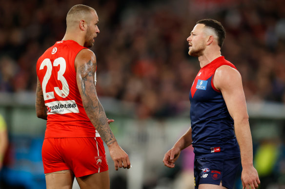 Plenty of heat between Buddy Franklin and Steven May.