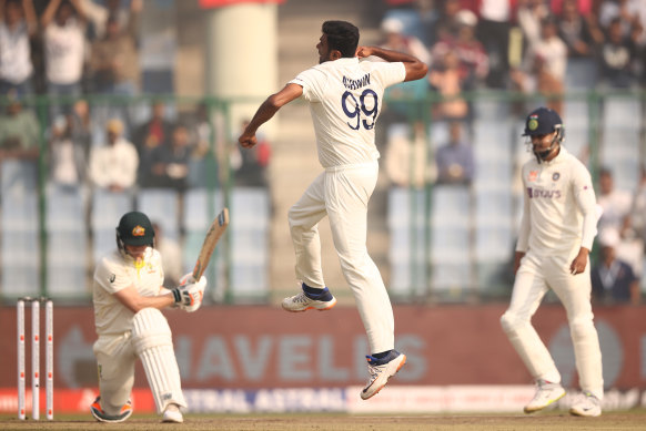 Ravichandran Ashwin gets Steve Smith on the sweep in Delhi.