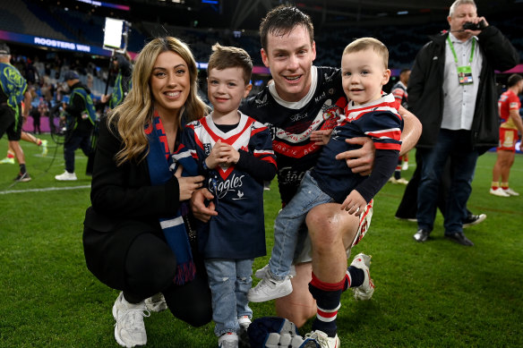 Luke Keary with his partner Amy and  sons Hudson (left) and Brodie.