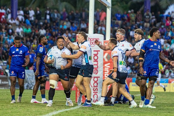 Waratah Ioane Moananu celebrates a try in Fiji.