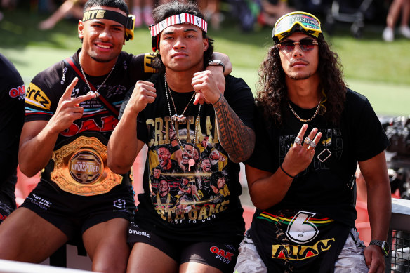 Stephen Crichton with Panthers and Samoa teammates Brian To’o and Jarome Luai after the grand final win.