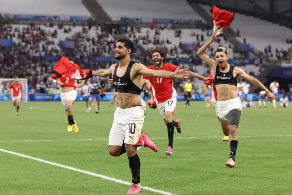 Adel Ibrahim of Egypt celebrates scoring. 