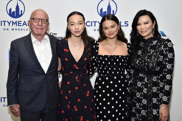 Rupert Murdoch with his daughters  Chloe (second from left) and Grace, and their mother, Wendi, in New York in 2019.