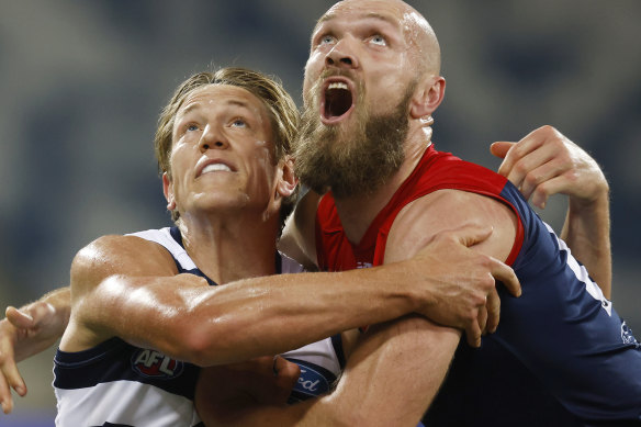 Last time around: Rhys Stanley battles with Max Gawn.