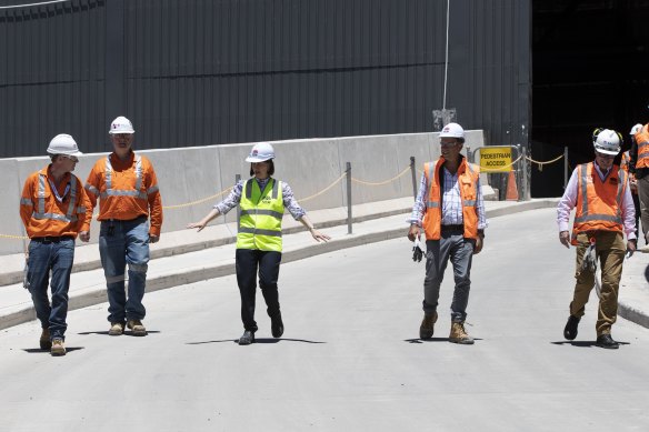 NSW Premier Gladys Berejiklian and Transport Minister Andrew Constance inspect construction work on the Metro City and Southwest project.