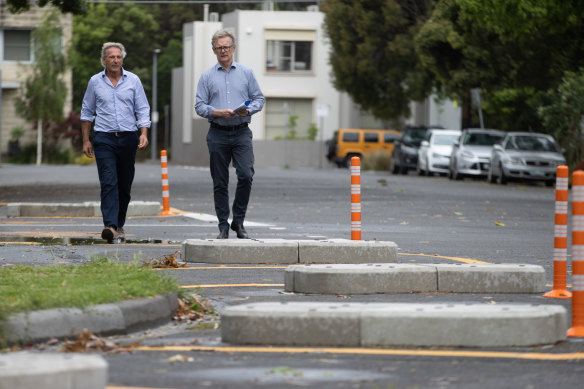 Mark Naughton (right), with Jan Talacko, from Residents of Port Phillip community group says the pop-up bike lanes are confusing and dangerous.