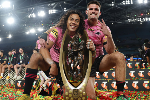 Jarome Luai and Nathan Cleary after winning their fourth premiership together.