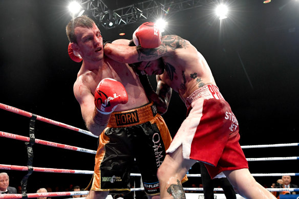 Jeff Horn and Michael Zerafa trade blows during their rematch in Brisbane.