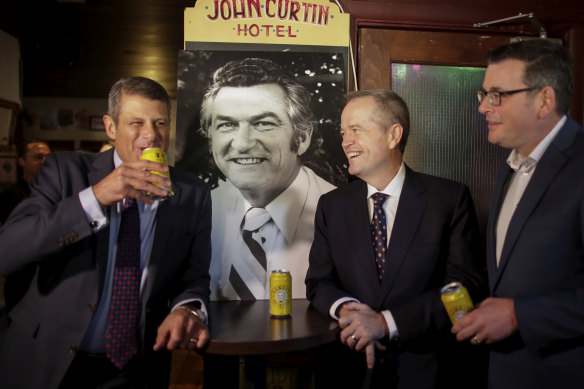 Former Victorian premier Steve Bracks, then opposition leader Bill Shorten and Victorian Premier Dan Andrews drink to the memory of Bob Hawke at Melbourne’s John Curtin Hotel in 2019.  Hawke made Melbourne his political base, but the economic reforms he and Paul Keating enacted meant federal governments could be elected without Melbourne’s votes.