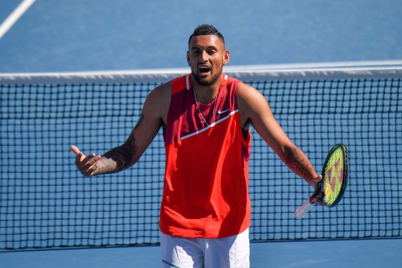 Nick Kyrgios in action on day three of the 2022 Australian Open