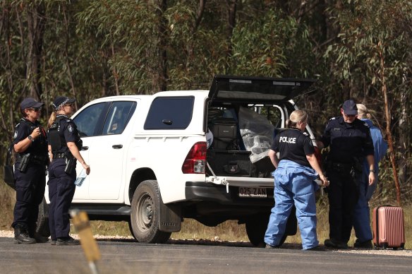 Police work near the scene of a fatal shooting in Wieambilla, Queensland on Tuesday.
