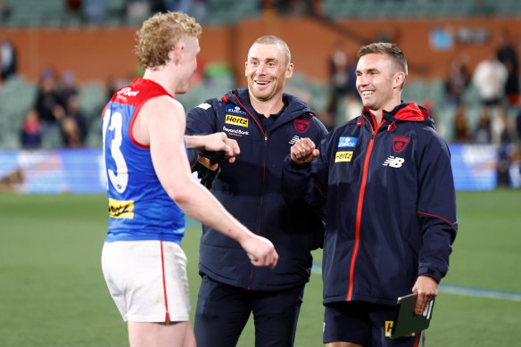 Clayton Oliver (left) and Demons coach Simon Goodwin, in Adelaide for round four.