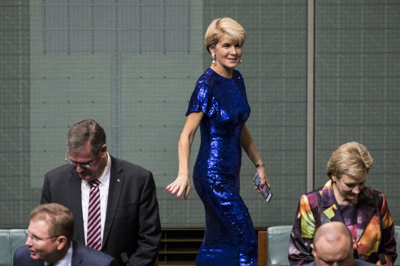 Julie Bishop's blue-sequinned Rachel Gilbert gown created a stir during the budget speech in April, 2019.