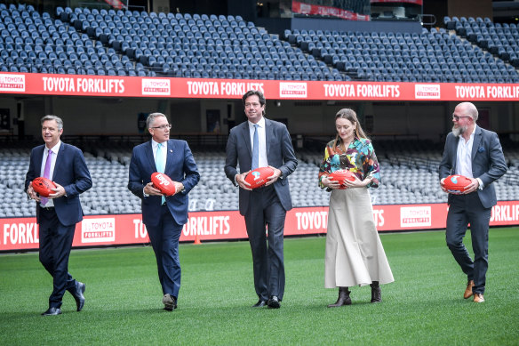 AFL chief executive Gillon McLachlan (centre), with (from left) Seven’s James Warburton, Foxtel’s Patrick Delaney and Siobhan McKenna and Telstra’s Kim Krogh Andersen.
