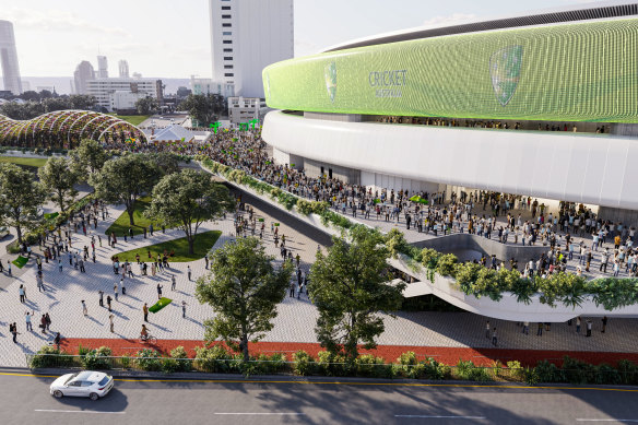 An artist’s impression of the new Gabba stadium and concourse, with a walkway to the Cross River Rail and Metro stations to the left.