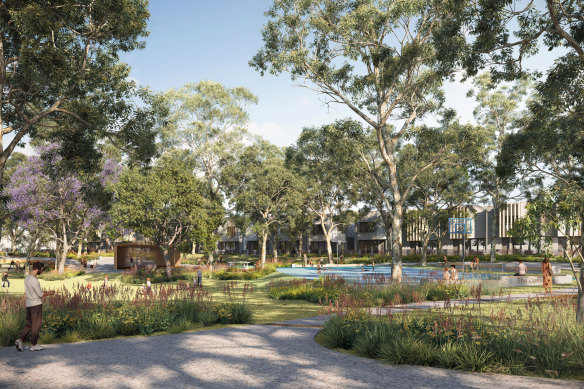An artist’s impression of the Marsfield Common project, which would redevelop the TG Millner Field in Marsfield into 132 homes and new public park.