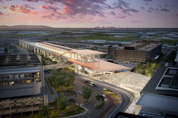 An artist’s impression of a new elevated station to connect the $13 billion airport rail link to Melbourne Airport.