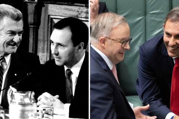 Bob Hawke and Paul Keating at the 1985 tax summit; Anthony Albanese and Jim Chalmers 38 years later.