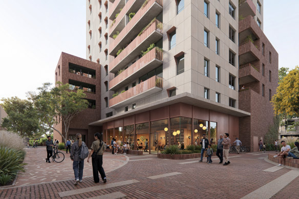 A new artist’s render of the replacement  red-brick Elgin Towers in Carlton.