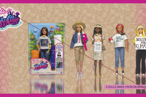 The five Barbie dolls that a fake ad campaign claimed had been made from mushrooms and other organic materials.