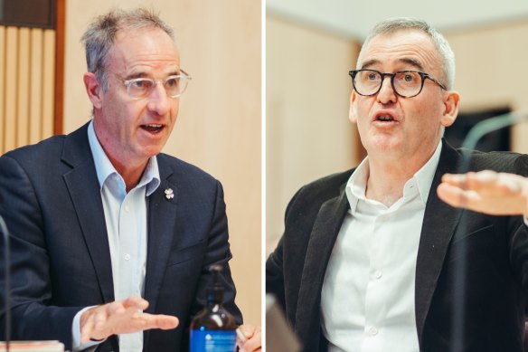 Greens senator Nick McKim (left) and Woolworths chief executive Brad Banducci were at loggerheads in a hearing last month.