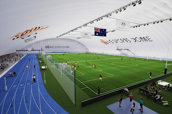 An artist’s impression of one of three new AIS campus facilities being built – an indoor Sport Dome that will provide 24/7 all-weather training facilities for multiple sports at the AIS Podium Project.