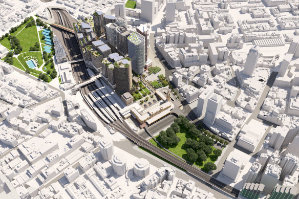 The plan creates a 24-hectare redevelopment site with 15 new buildings and public space over rail lines.