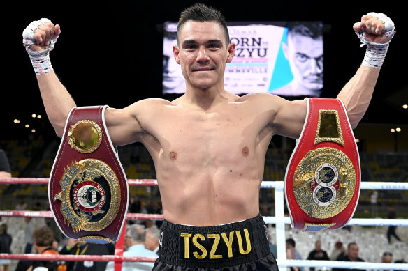 Tim Tszyu celebrates victory in his fight against Jeff Horn. 