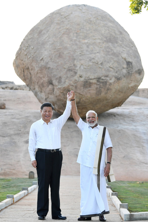 China's President, Xi Jinping, and India's leader, Narendra Modi, in Mamallapuram, India, during talks in October 2019.