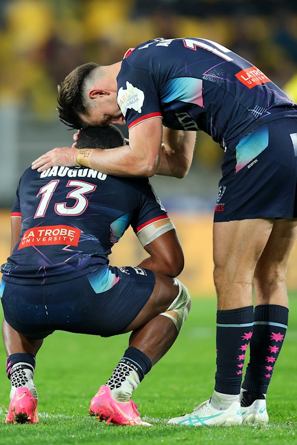 Rebels players Filipo Daugunu and Lachie Anderson at the club’s final match whistle in June.