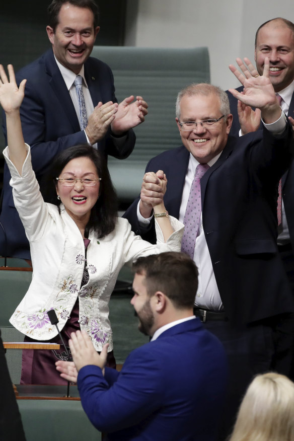 Liberal MP Gladys Liu and Prime Minister Scott Morrison after her maiden speech, in which she declared, “How good is Australia?”