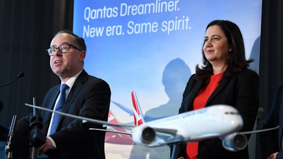 Qantas CEO Alan Joyce and Queensland Premier Annastasia Palaszczuk announcing the deal at Brisbane Airport.