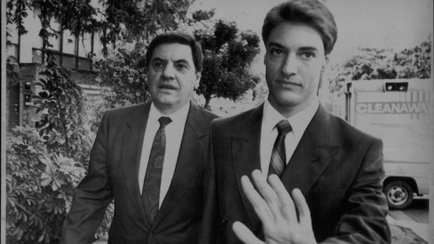 Dismissed Supreme Court Justice Angelo Vasta and his son Ross, who went on to win a seat in federal parliament, arrive at court in 1990.