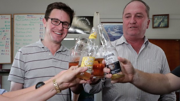 Nationals MP David Littleproud has a beer with Barnaby Joyce in Tamworth the evening before the New England byelection.