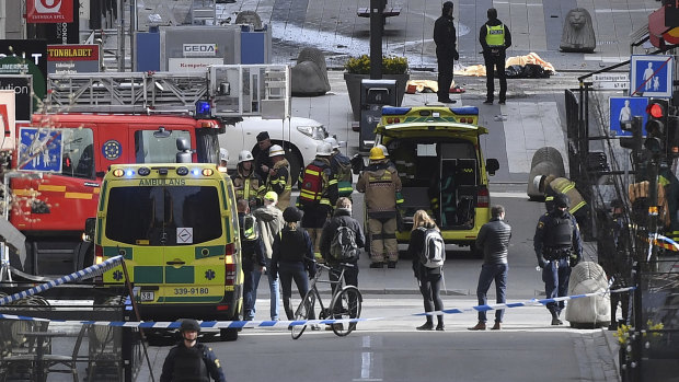 A view of the scene as emergency services work in the area after a truck crashed into a department store in central Stockholm, Sweden, in April,  2017. 