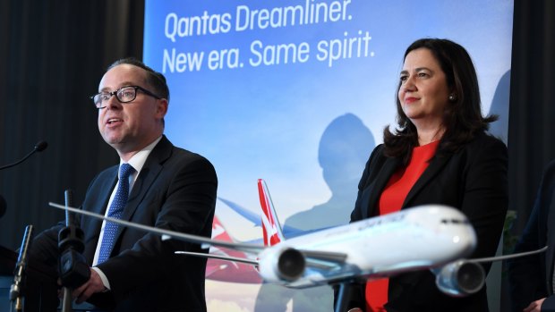 Qantas CEO Alan Joyce and Queensland Premier Annastasia Palaszczuk announcing the deal at Brisbane Airport.