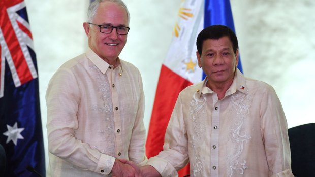 Australia's Prime Minister Malcolm Turnbull meets Philippines President Rodrigo Duterte for a bilateral meeting during the Association of South East Asian Nations (ASEAN) meeting.