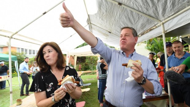 Queensland Opposition Leader Tim Nicholls and his wife Mary on poll day at Hendra.