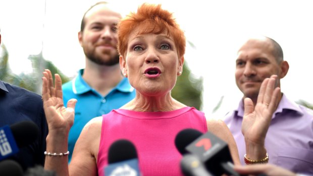 One Nation leader Pauline Hanson delivers a press conference in Yeppoon on Wednesday.