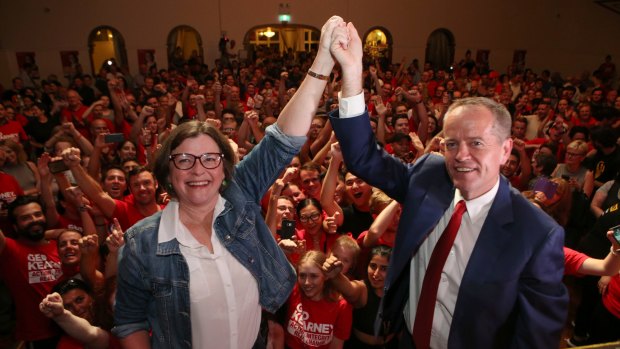 Labor's Ged Kearney celebrates her Batman byelection win with Bill Shorten.