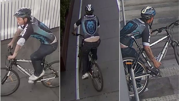 Police are searching for this bike rider who threw a petrol bomb into a St Kilda hotel carpark.
